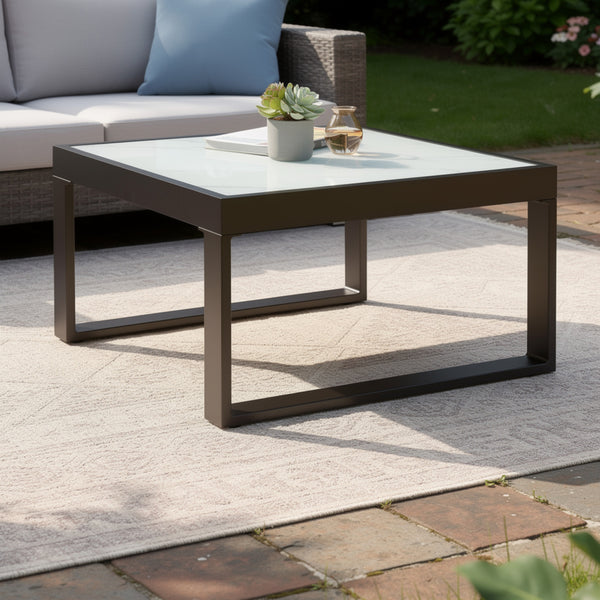 Leca Outdoor Coffee Table, Stone-Look Glass Top, Brown Aluminum 30 Inch