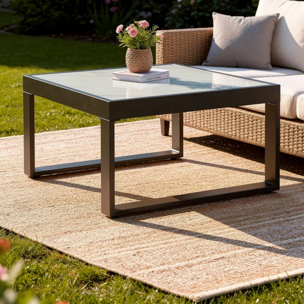 Leca Outdoor Coffee Table, Stone-Look Glass Top, Brown Aluminum 30 Inch