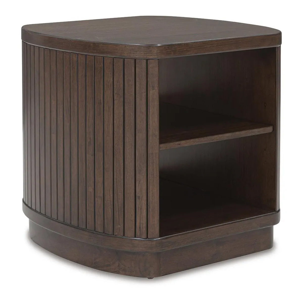Jeno Fluted Side End Table with Open Shelf Storage, Dark Brown Wood 25 Inch