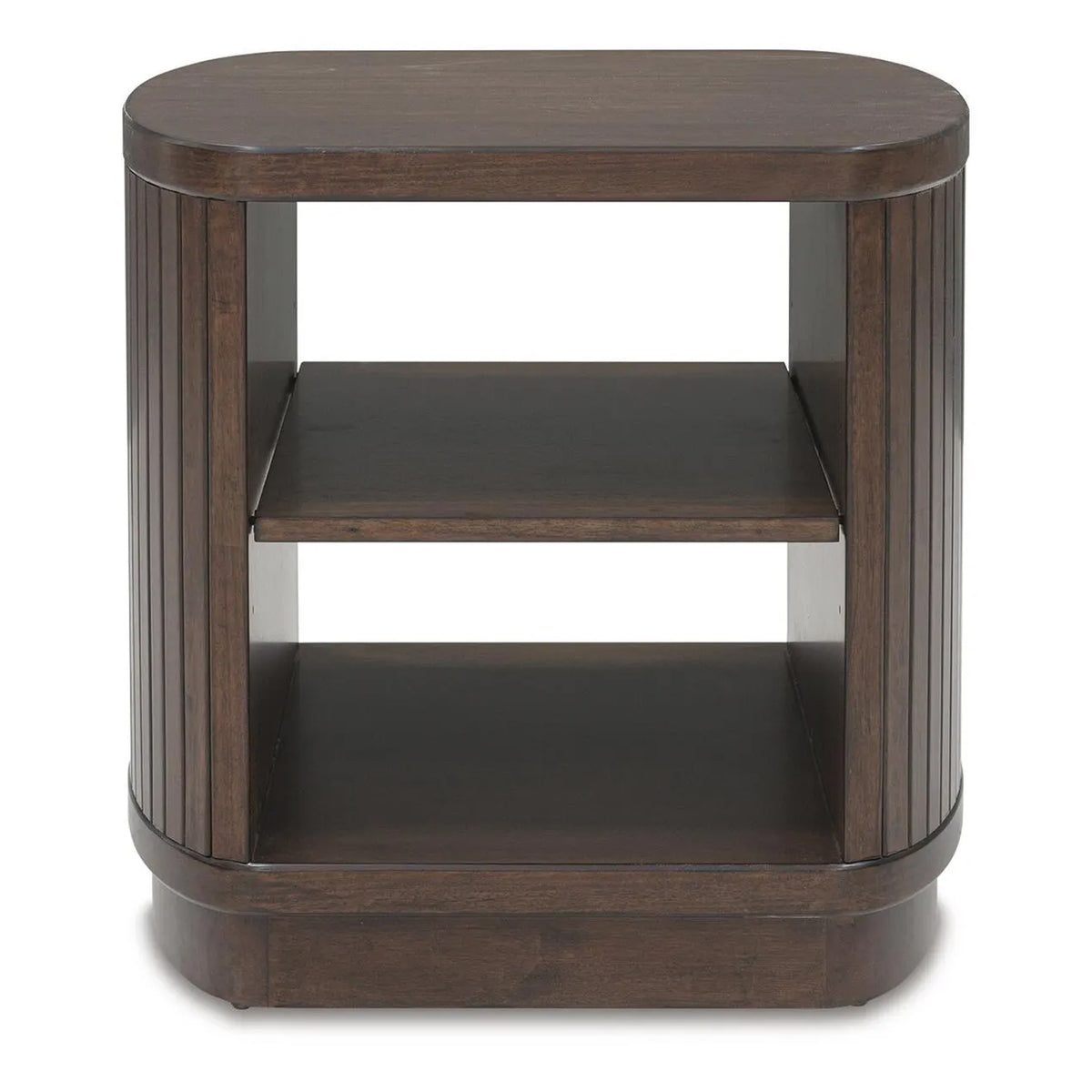 Jeno Fluted Side End Table with Open Shelf Storage, Dark Brown Wood 25 Inch