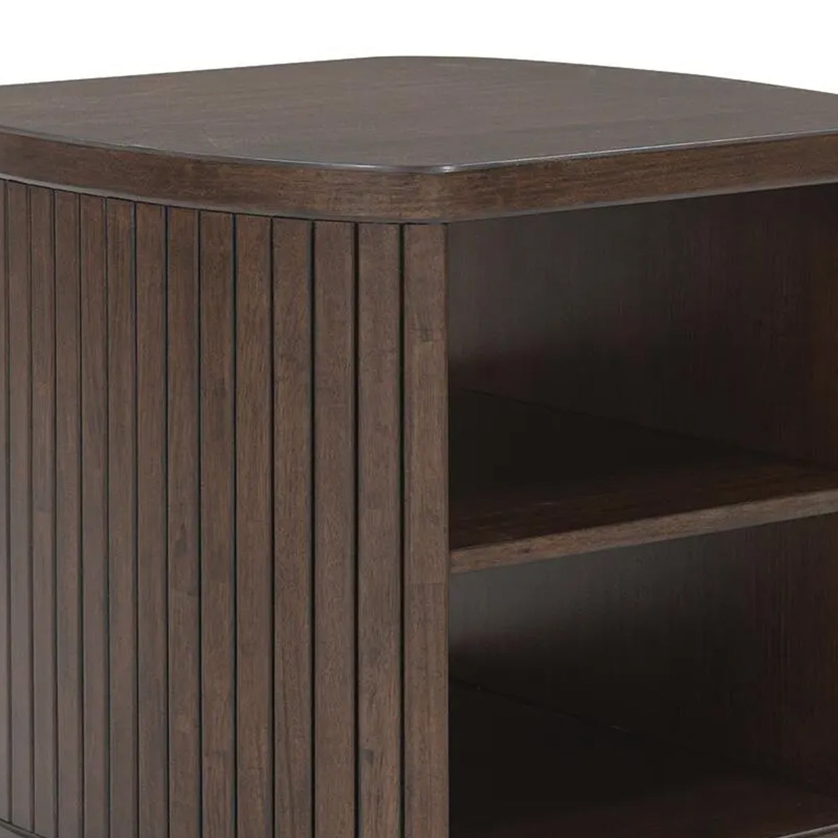 Jeno Fluted Side End Table with Open Shelf Storage, Dark Brown Wood 25 Inch