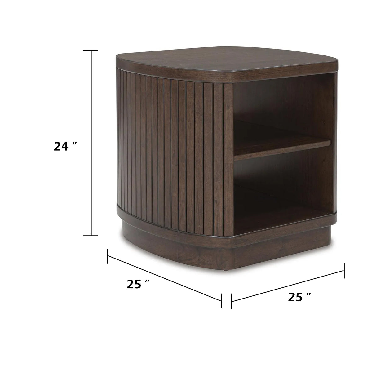 Jeno Fluted Side End Table with Open Shelf Storage, Dark Brown Wood 25 Inch