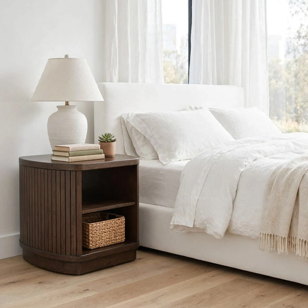 Jeno Fluted Side End Table with Open Shelf Storage, Dark Brown Wood 25 Inch