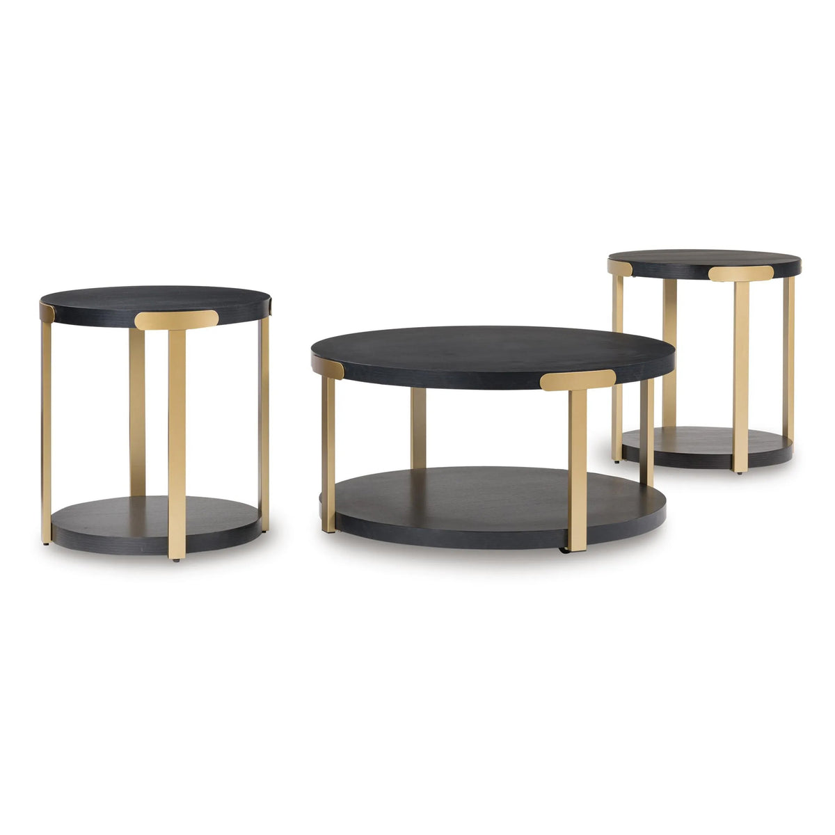 Shyla 3Pc Round Coffee Table Set with Lower Shelf, Black Wood, Brass Metal