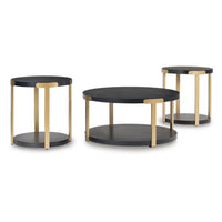 Shyla 3Pc Round Coffee Table Set with Lower Shelf, Black Wood, Brass Metal