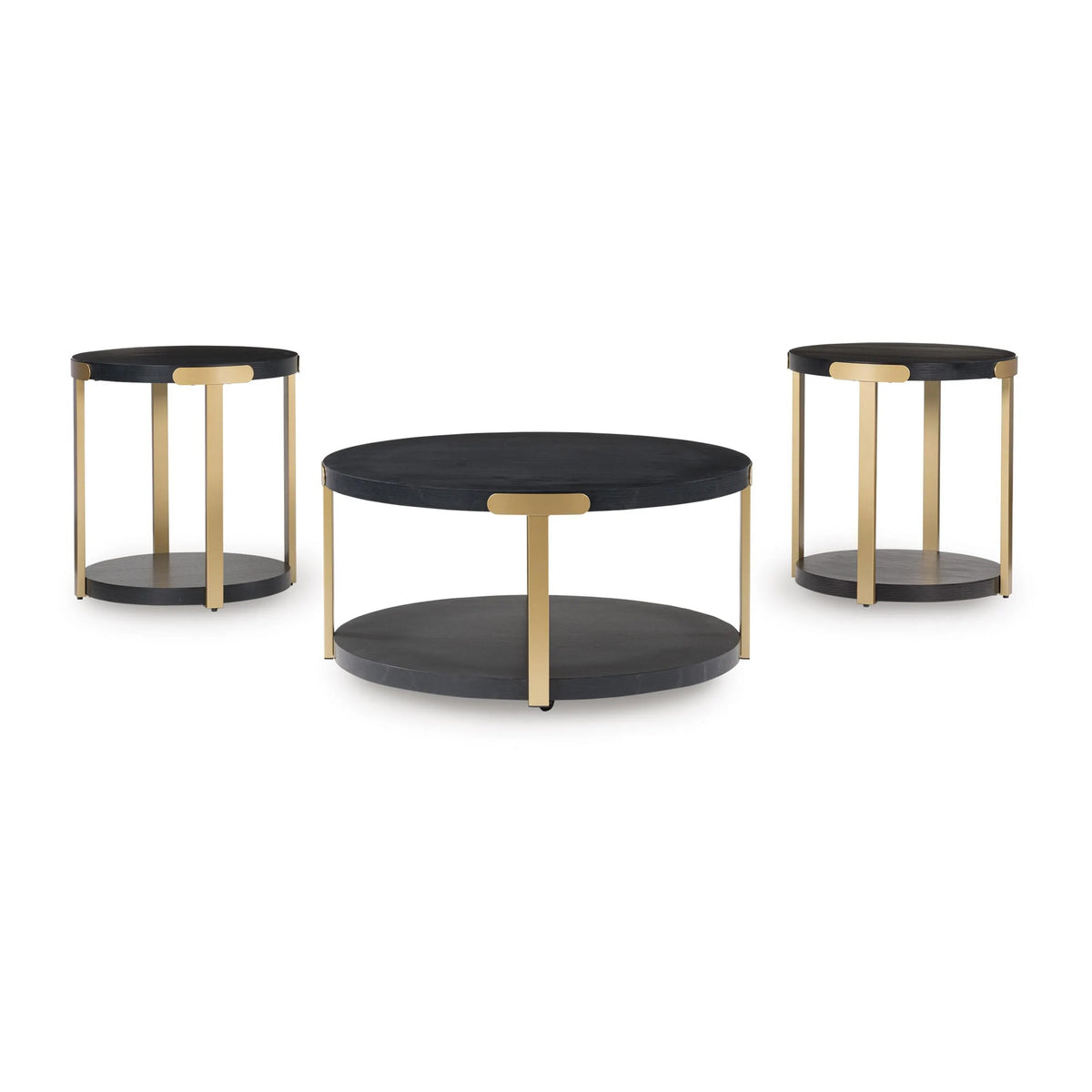 Shyla 3Pc Round Coffee Table Set with Lower Shelf, Black Wood, Brass Metal