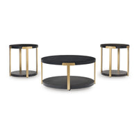 Shyla 3Pc Round Coffee Table Set with Lower Shelf, Black Wood, Brass Metal