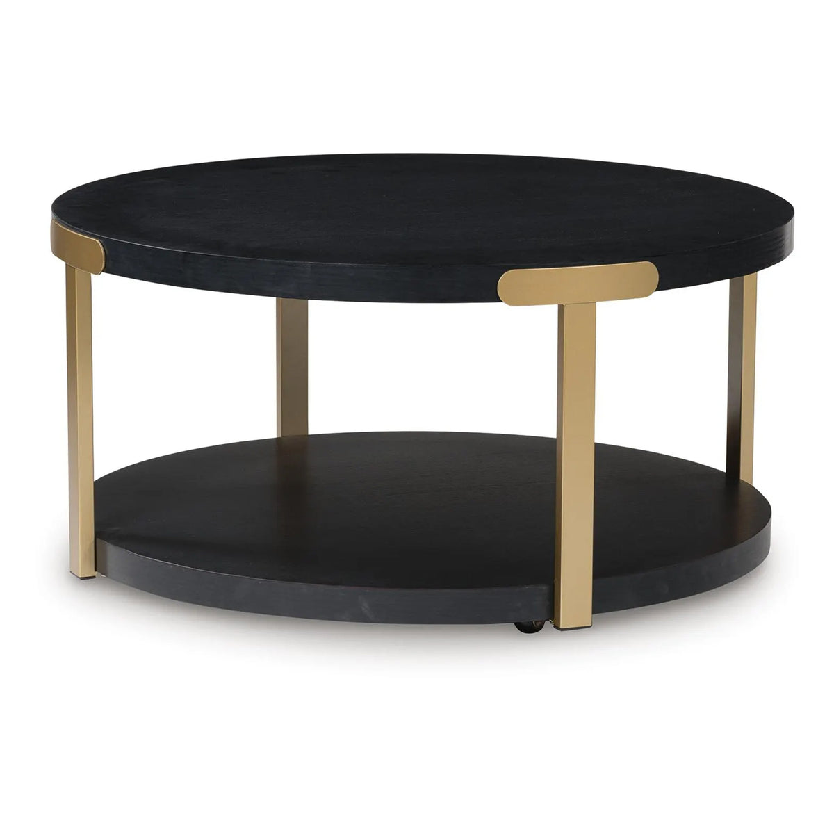Shyla 3Pc Round Coffee Table Set with Lower Shelf, Black Wood, Brass Metal