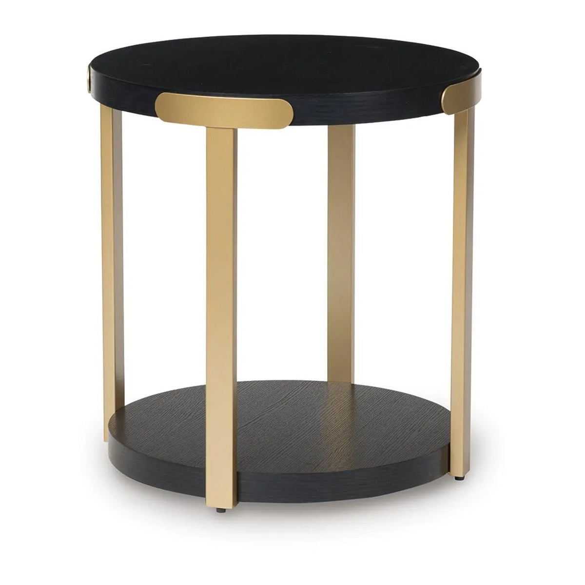 Shyla 3Pc Round Coffee Table Set with Lower Shelf, Black Wood, Brass Metal