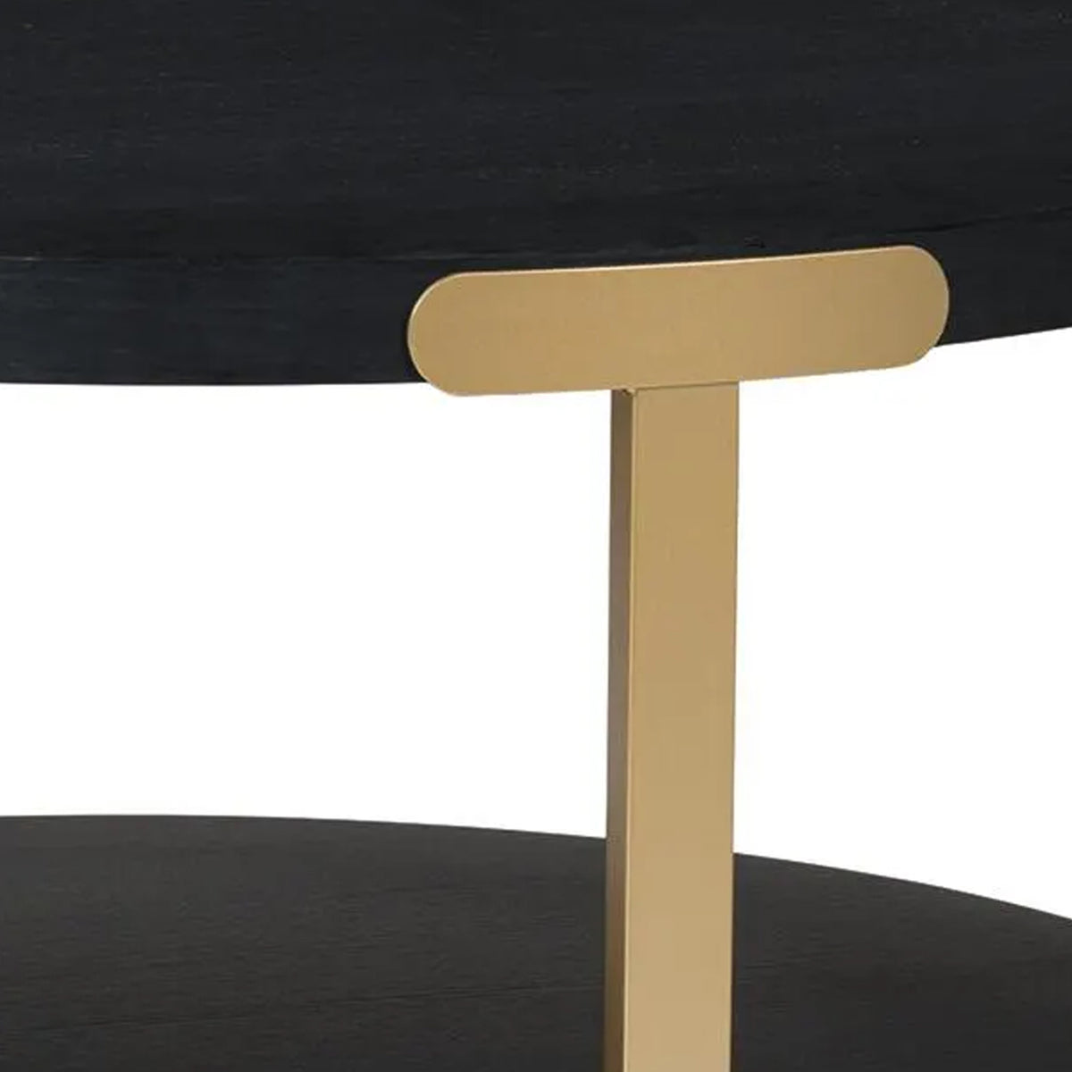 Shyla 3Pc Round Coffee Table Set with Lower Shelf, Black Wood, Brass Metal