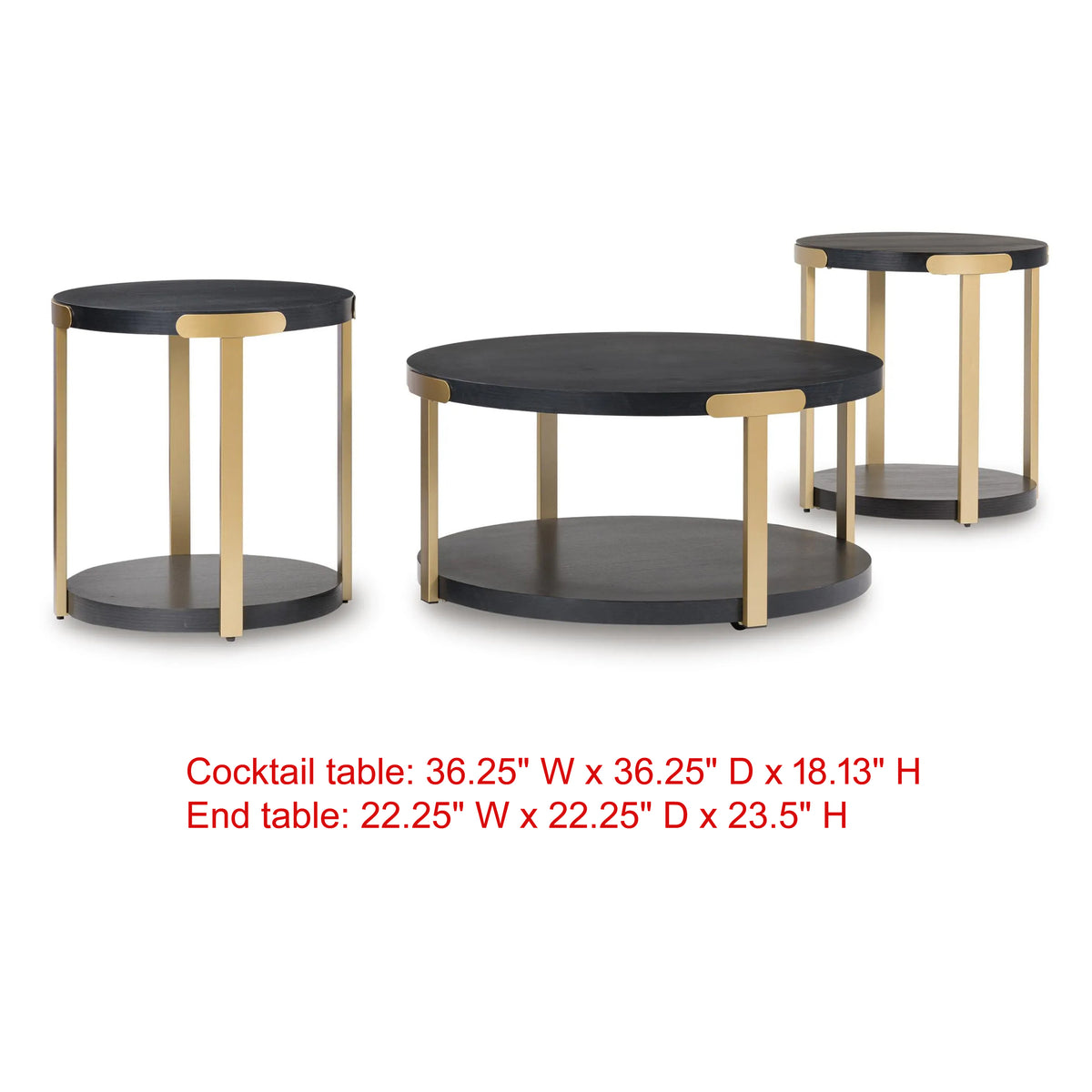 Shyla 3Pc Round Coffee Table Set with Lower Shelf, Black Wood, Brass Metal