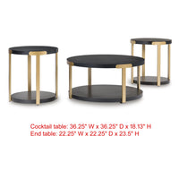 Shyla 3Pc Round Coffee Table Set with Lower Shelf, Black Wood, Brass Metal