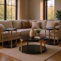 Shyla 3Pc Round Coffee Table Set with Lower Shelf, Black Wood, Brass Metal