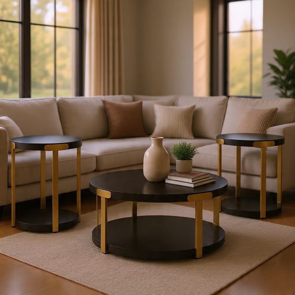 Shyla 3Pc Round Coffee Table Set with Lower Shelf, Black Wood, Brass Metal