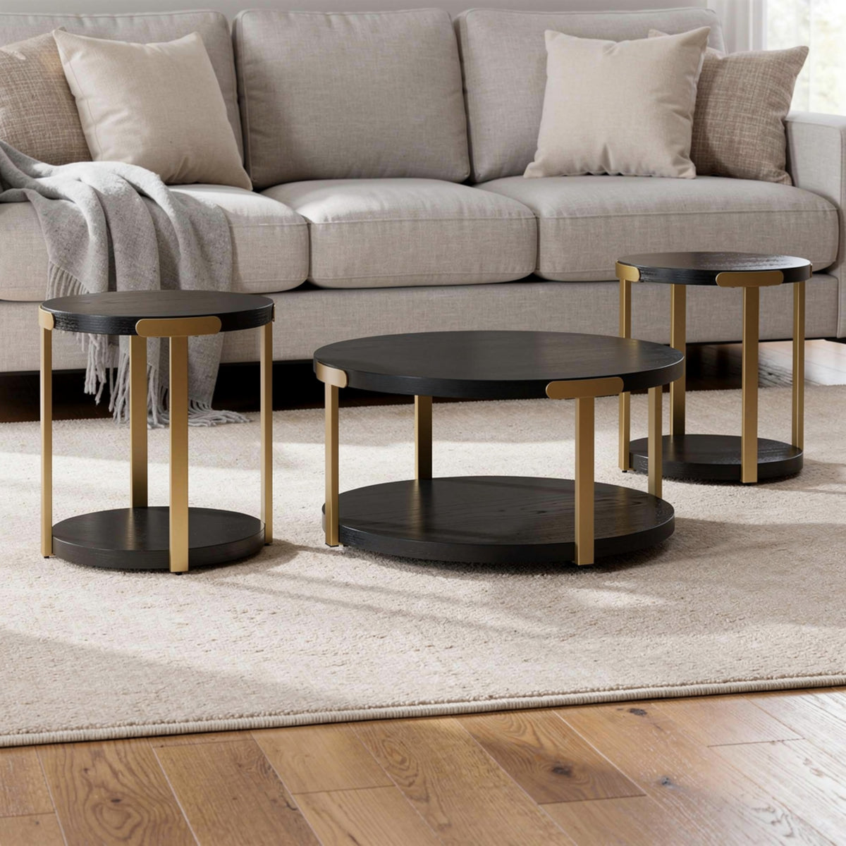 Shyla 3Pc Round Coffee Table Set with Lower Shelf, Black Wood, Brass Metal