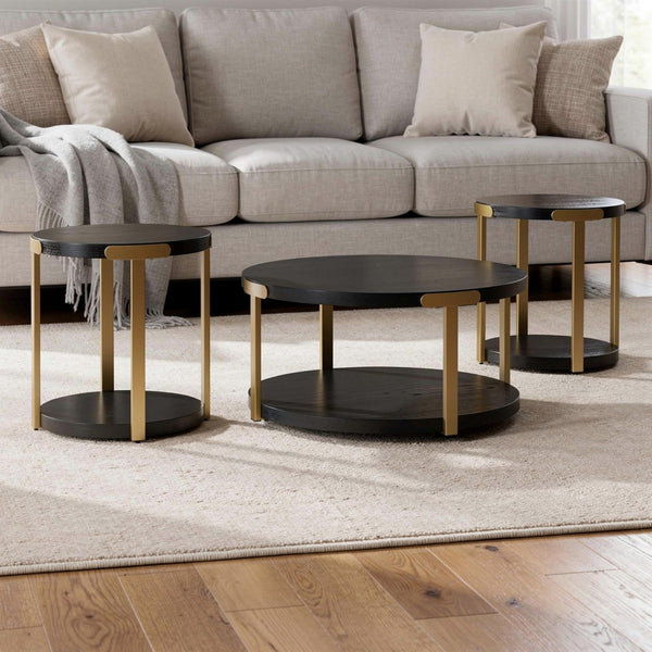 Shyla 3Pc Round Coffee Table Set with Lower Shelf, Black Wood, Brass Metal