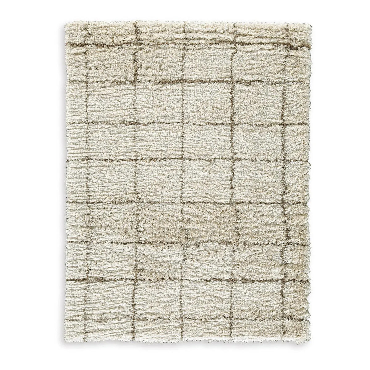 Wreno 8x10 Large Shag Area Rug with Cream Gridwork Pattern, Brown PET
