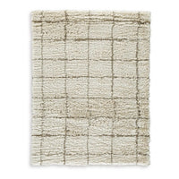 Wreno 8x10 Large Shag Area Rug with Cream Gridwork Pattern, Brown PET