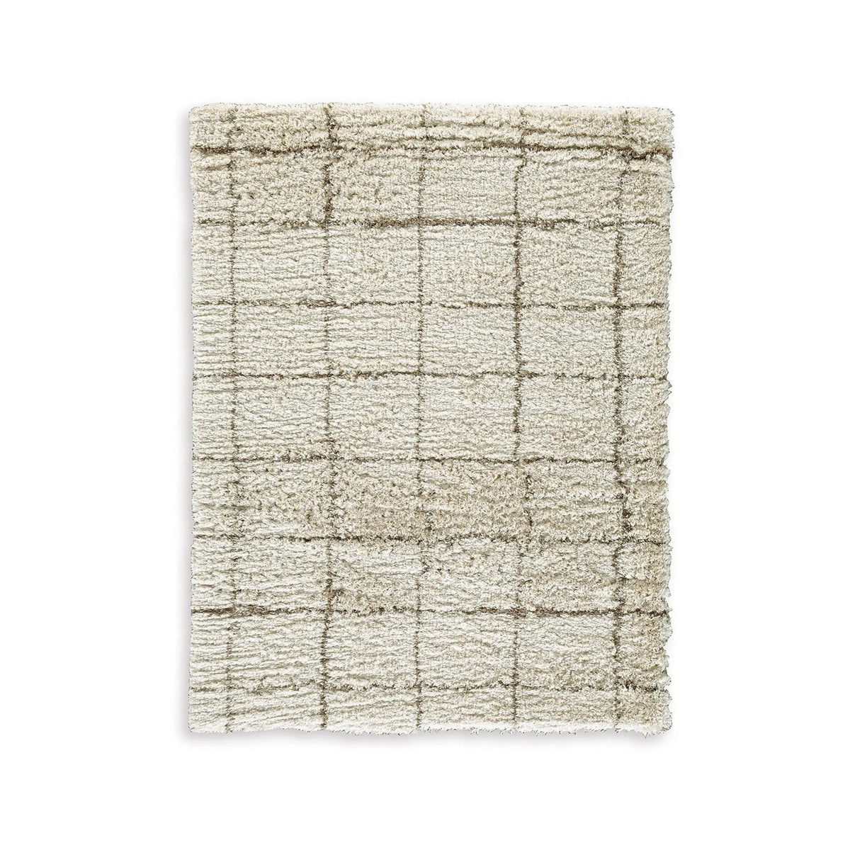 Wreno 8x10 Large Shag Area Rug with Cream Gridwork Pattern, Brown PET