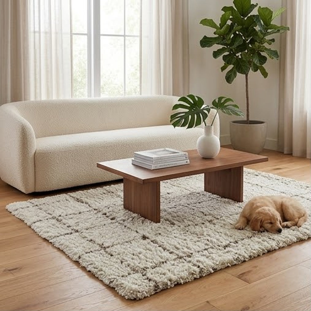 Wreno 8x10 Large Shag Area Rug with Cream Gridwork Pattern, Brown PET