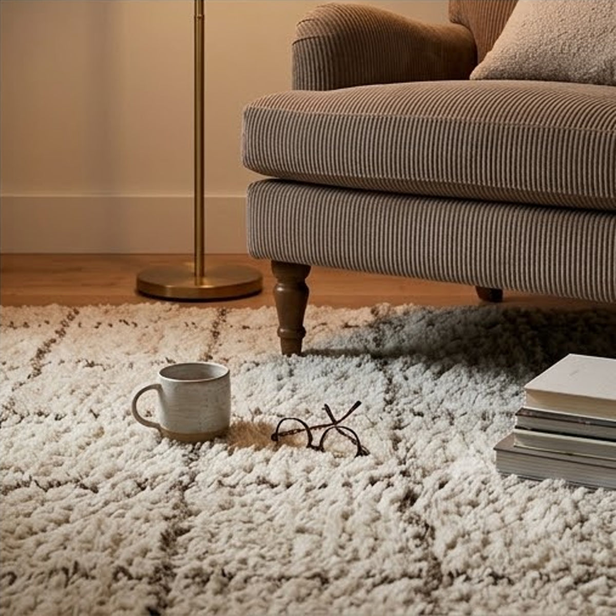 Wreno 8x10 Large Shag Area Rug with Cream Gridwork Pattern, Brown PET