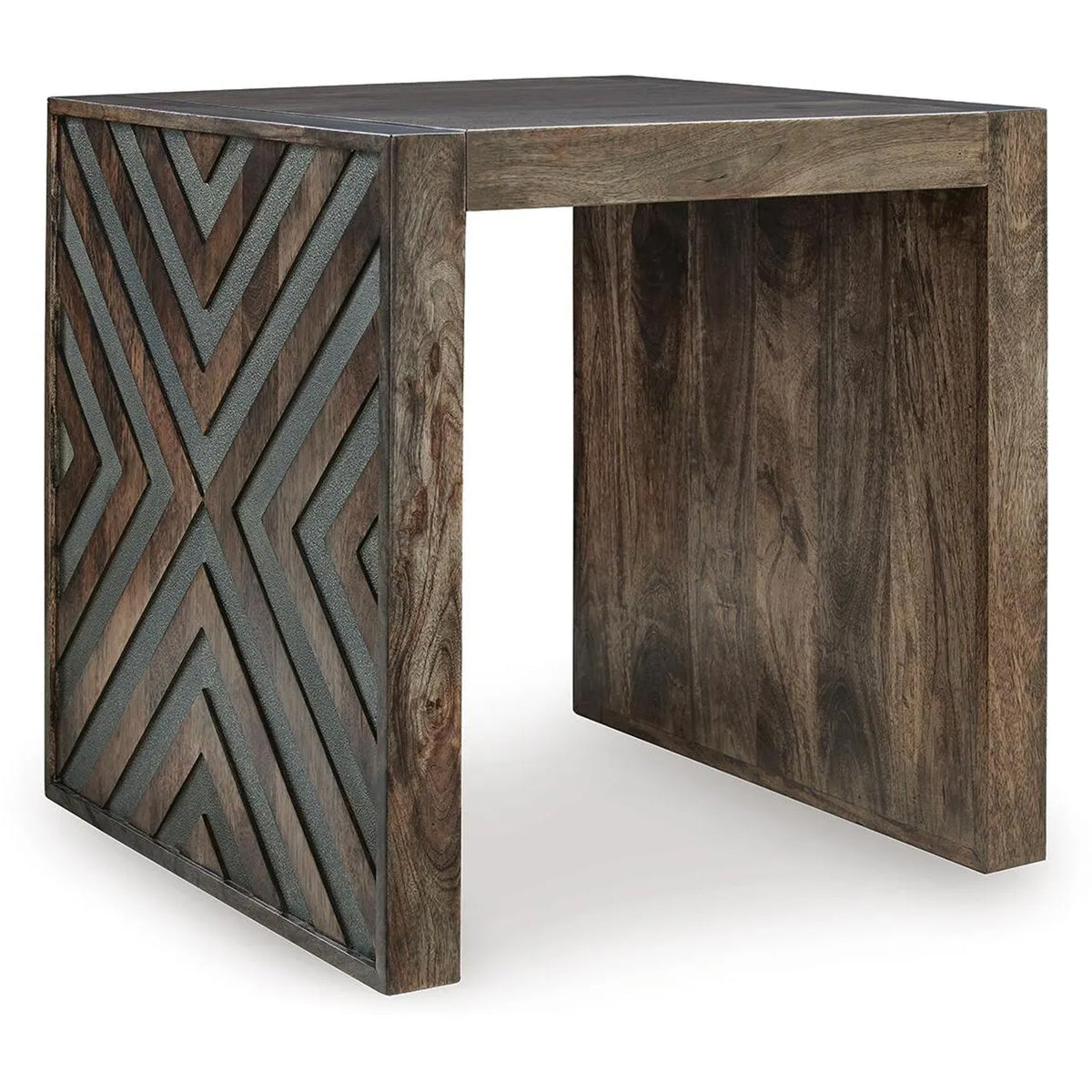 Dreg Side End Table with Chevron Design Panel, Rustic Brown Wood 24 Inch