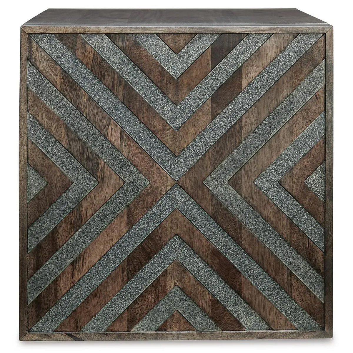 Dreg Side End Table with Chevron Design Panel, Rustic Brown Wood 24 Inch