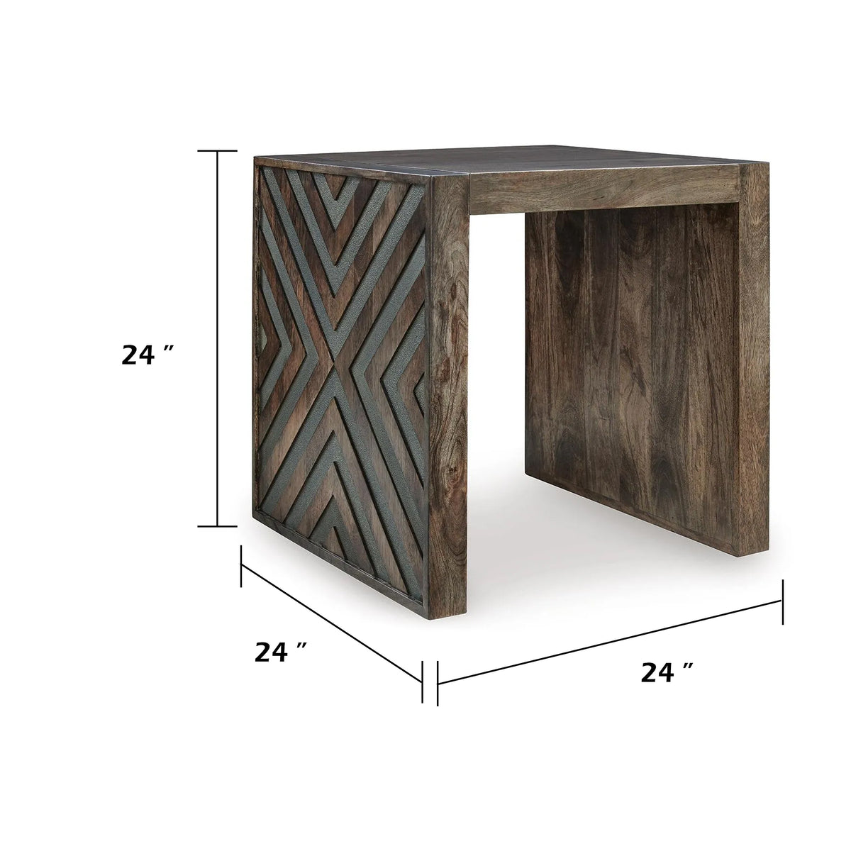 Dreg Side End Table with Chevron Design Panel, Rustic Brown Wood 24 Inch