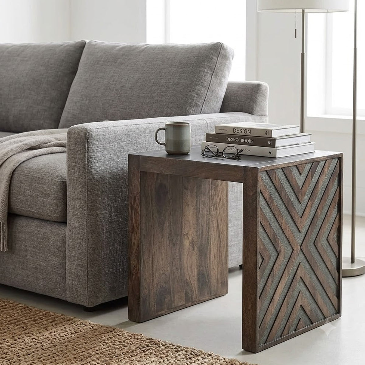 Dreg Side End Table with Chevron Design Panel, Rustic Brown Wood 24 Inch