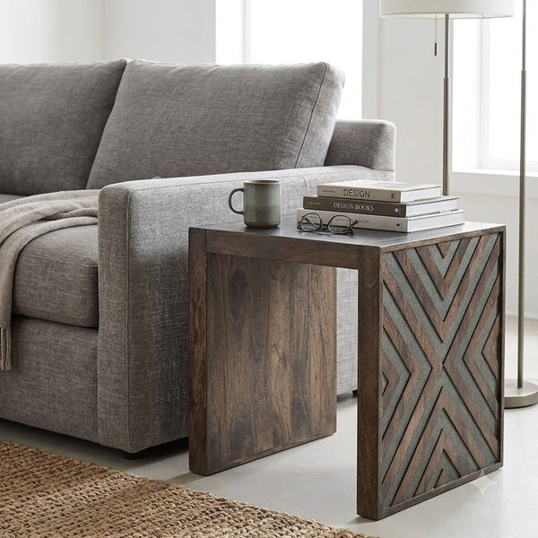 Dreg Side End Table with Chevron Design Panel, Rustic Brown Wood 24 Inch