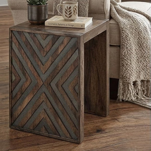 Dreg Side End Table with Chevron Design Panel, Rustic Brown Wood 24 Inch