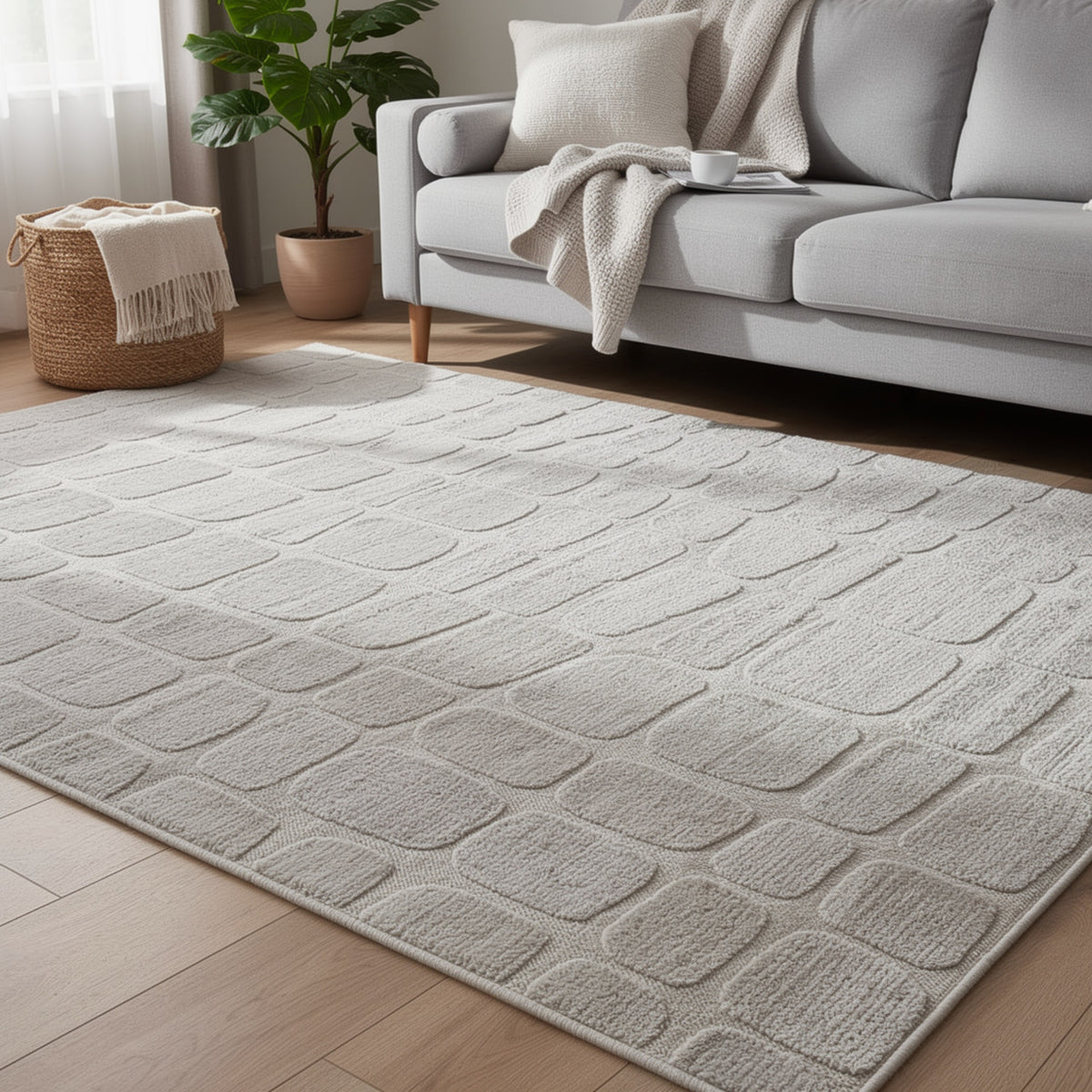 Malvin 8x10 Large Washable Area Rug, Geometric Motifs, Sandstone Beige
