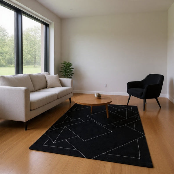 Maro Large Area Rug, Geometric Design, Low Pile, Black and White Wool 8x10