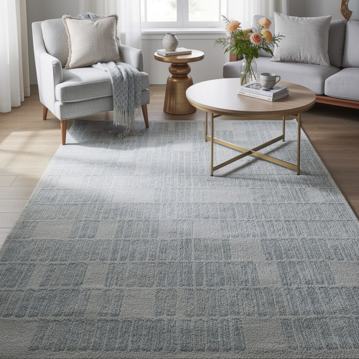 Dyni Large Area Rug, Geometric, Coastal Blue and Ivory Wool Polyester 8x10