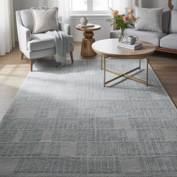 Dyni Large Area Rug, Geometric, Coastal Blue and Ivory Wool Polyester 8x10