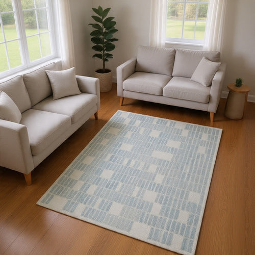 Dyni Large Area Rug, Geometric, Coastal Blue and Ivory Wool Polyester 8x10