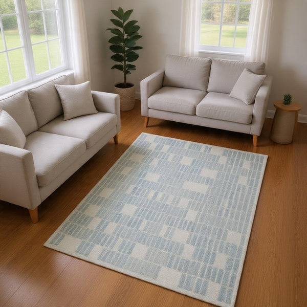 Dyni Large Area Rug, Geometric, Coastal Blue and Ivory Wool Polyester 8x10
