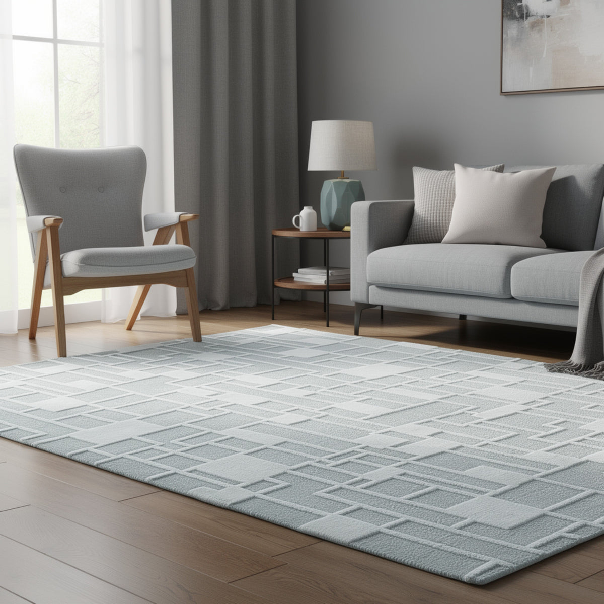 Risa Large Area Rug, Geometric Motifs, Ivory Wool Cotton Blend 8x10