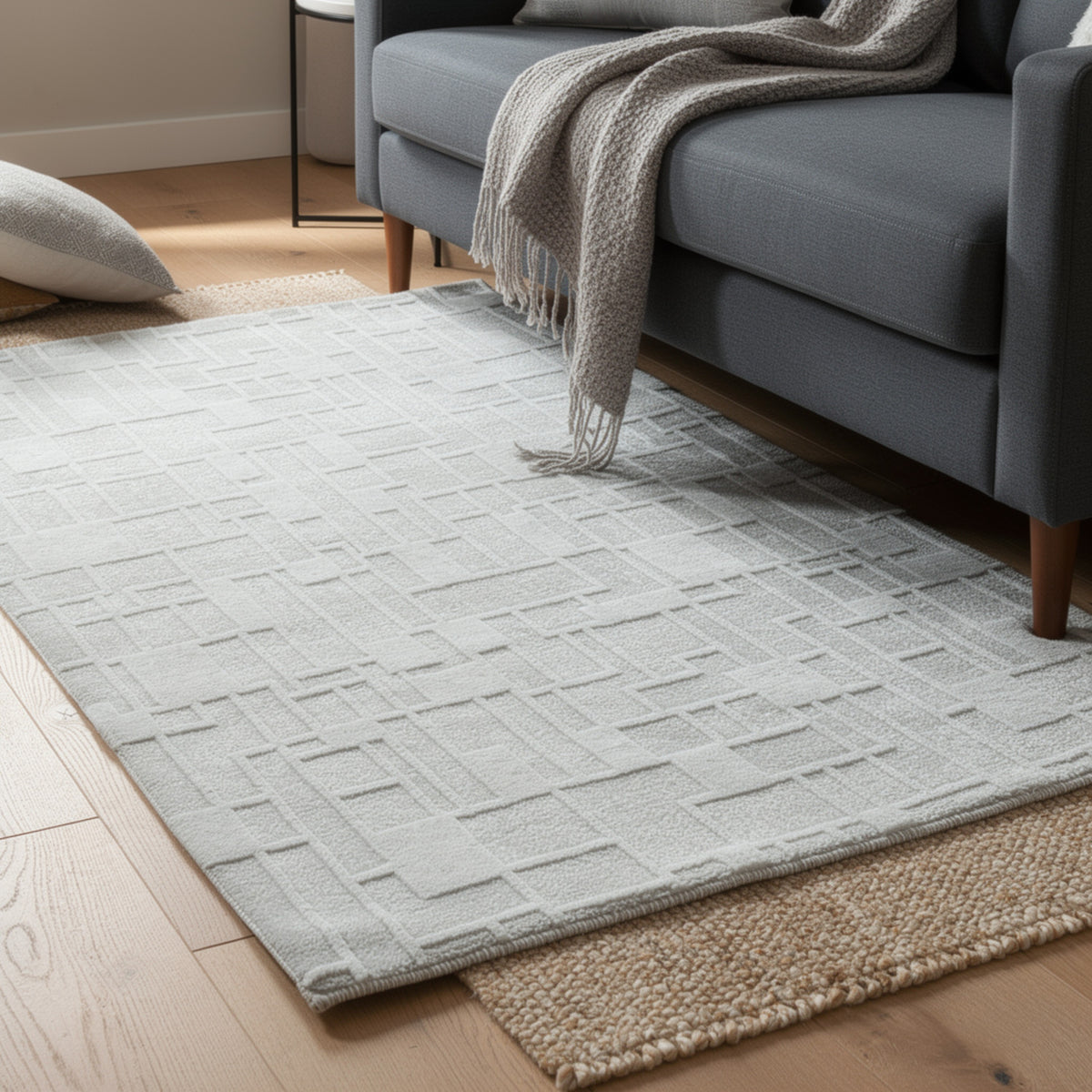 Risa Large Area Rug, Geometric Motifs, Ivory Wool Cotton Blend 8x10