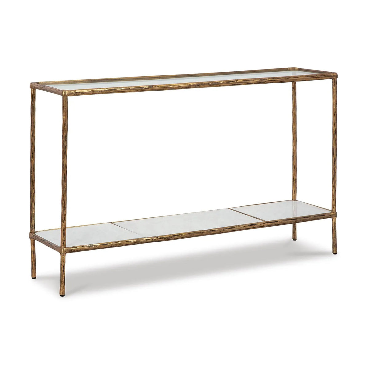Dalie Sofa Console Table, Glass Top, Marble Shelf, Antique Brass 52 Inch