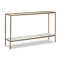 Dalie Sofa Console Table, Glass Top, Marble Shelf, Antique Brass 52 Inch