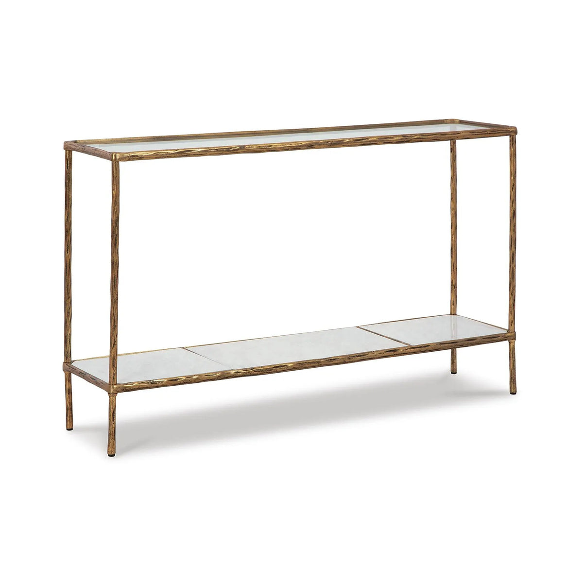 Dalie Sofa Console Table, Glass Top, Marble Shelf, Antique Brass 52 Inch