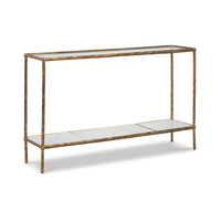 Dalie Sofa Console Table, Glass Top, Marble Shelf, Antique Brass 52 Inch