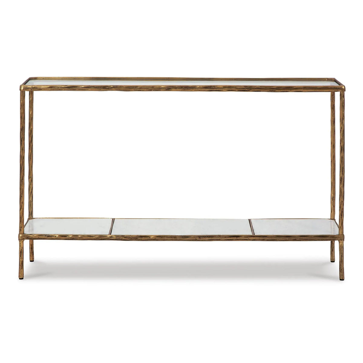 Dalie Sofa Console Table, Glass Top, Marble Shelf, Antique Brass 52 Inch