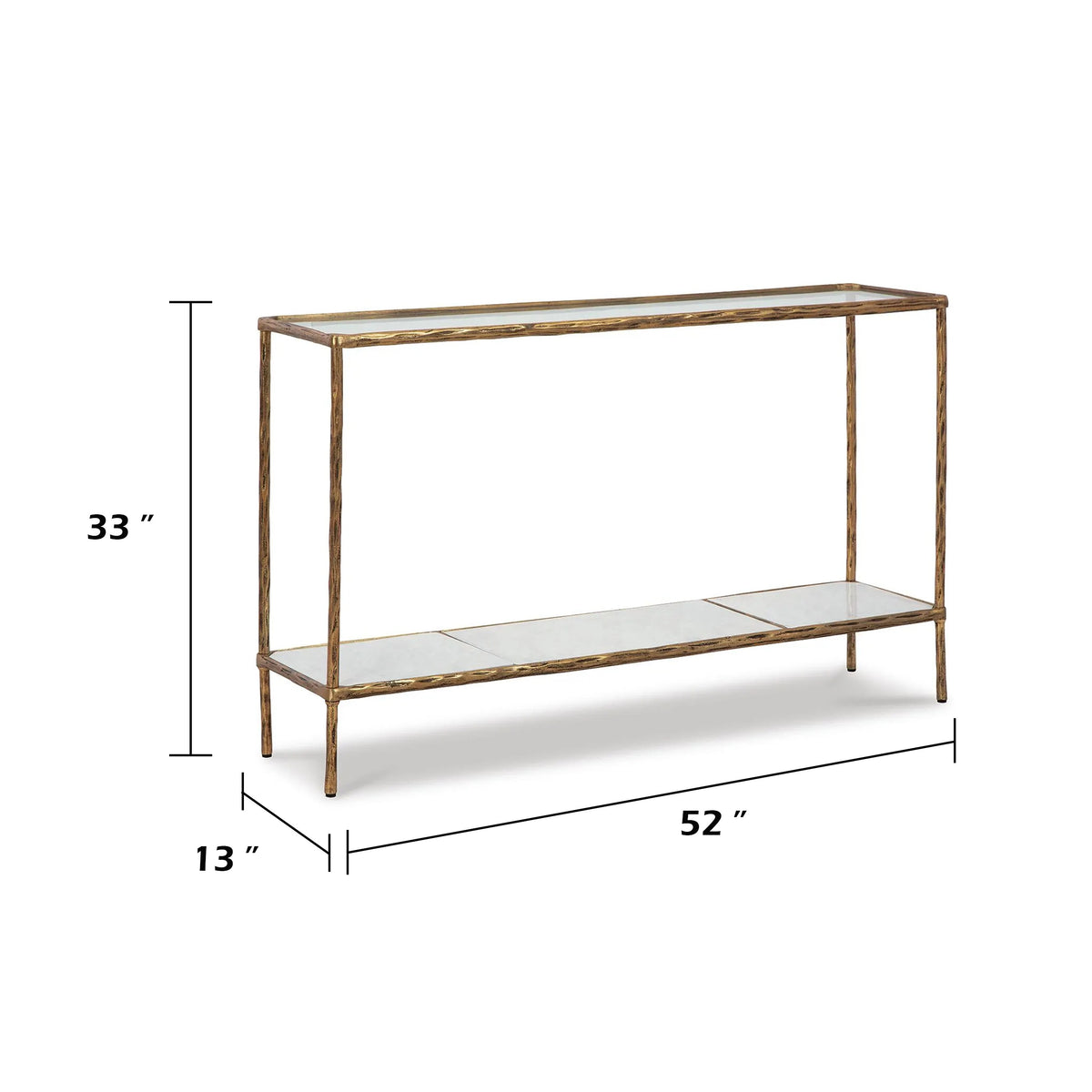 Dalie Sofa Console Table, Glass Top, Marble Shelf, Antique Brass 52 Inch
