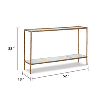 Dalie Sofa Console Table, Glass Top, Marble Shelf, Antique Brass 52 Inch