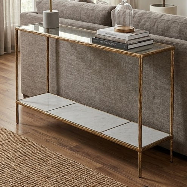 Dalie Sofa Console Table, Glass Top, Marble Shelf, Antique Brass 52 Inch