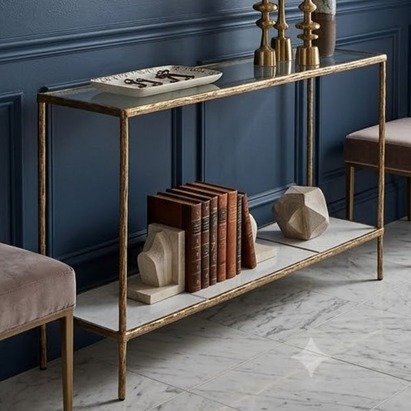 Dalie Sofa Console Table, Glass Top, Marble Shelf, Antique Brass 52 Inch