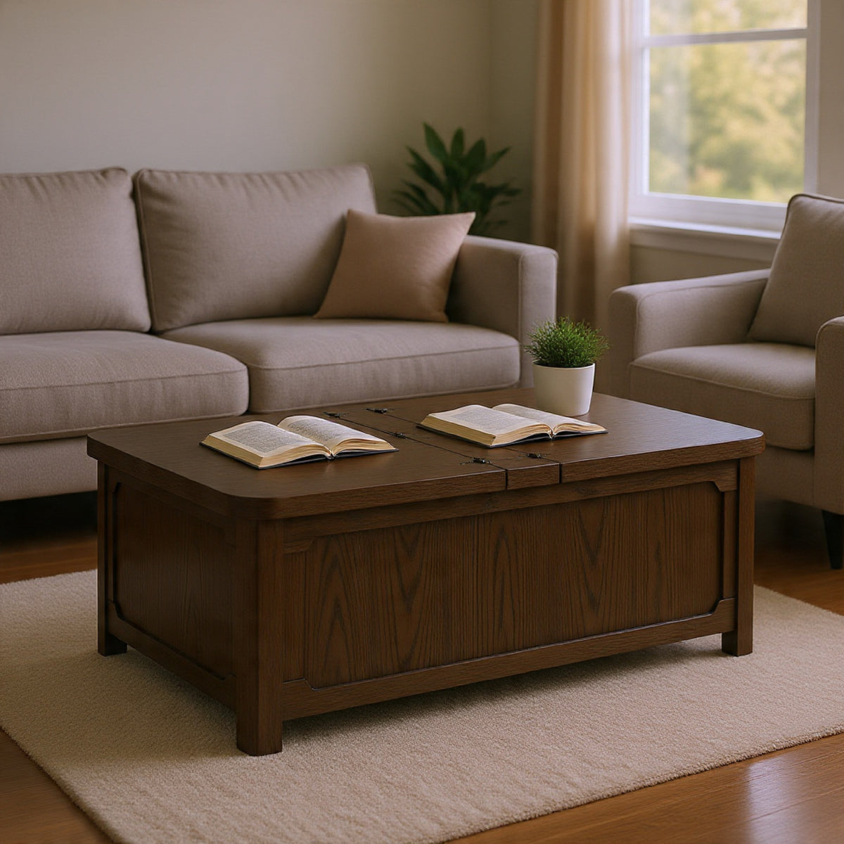 Kemu Storage Coffee Table, 2 Hinged Lift Top, Dark Brown Wood 46 Inch