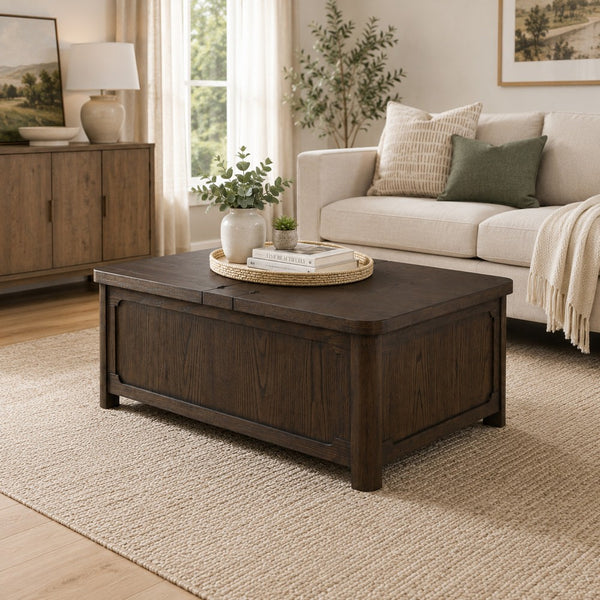 Kemu Storage Coffee Table, 2 Hinged Lift Top, Dark Brown Wood 46 Inch